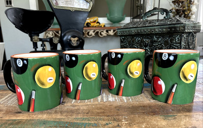 Set 4 ''Rack 'Em Up'' Billiards Design Ceramic Mugs By Clay Art 16 OZ Rare NOS