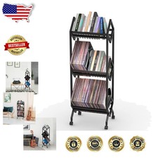 3-Tier Vinyl LP Record Storage Shelf Matte Black Metal Mobile Holder