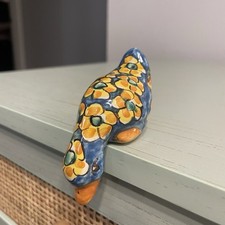 Vintage Ceramic Duck Shelf Sitter Figurine Blue Yellow Floral Handmade Signed