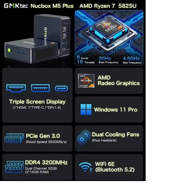 GMKtec Mini PC Ryzen 7 5825U MINI PC Windows 11 Pro DDR4 16GB 1TB SSD WIFI6 - Image 2 of 4