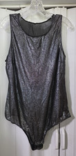 Unbranded Silver Black Shiny Stretchy Leotard with Snaps at Crotch