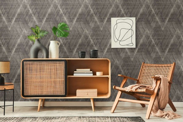 Textiloptik Tapete Mit Rauten Muster – Metallic, Grau-image