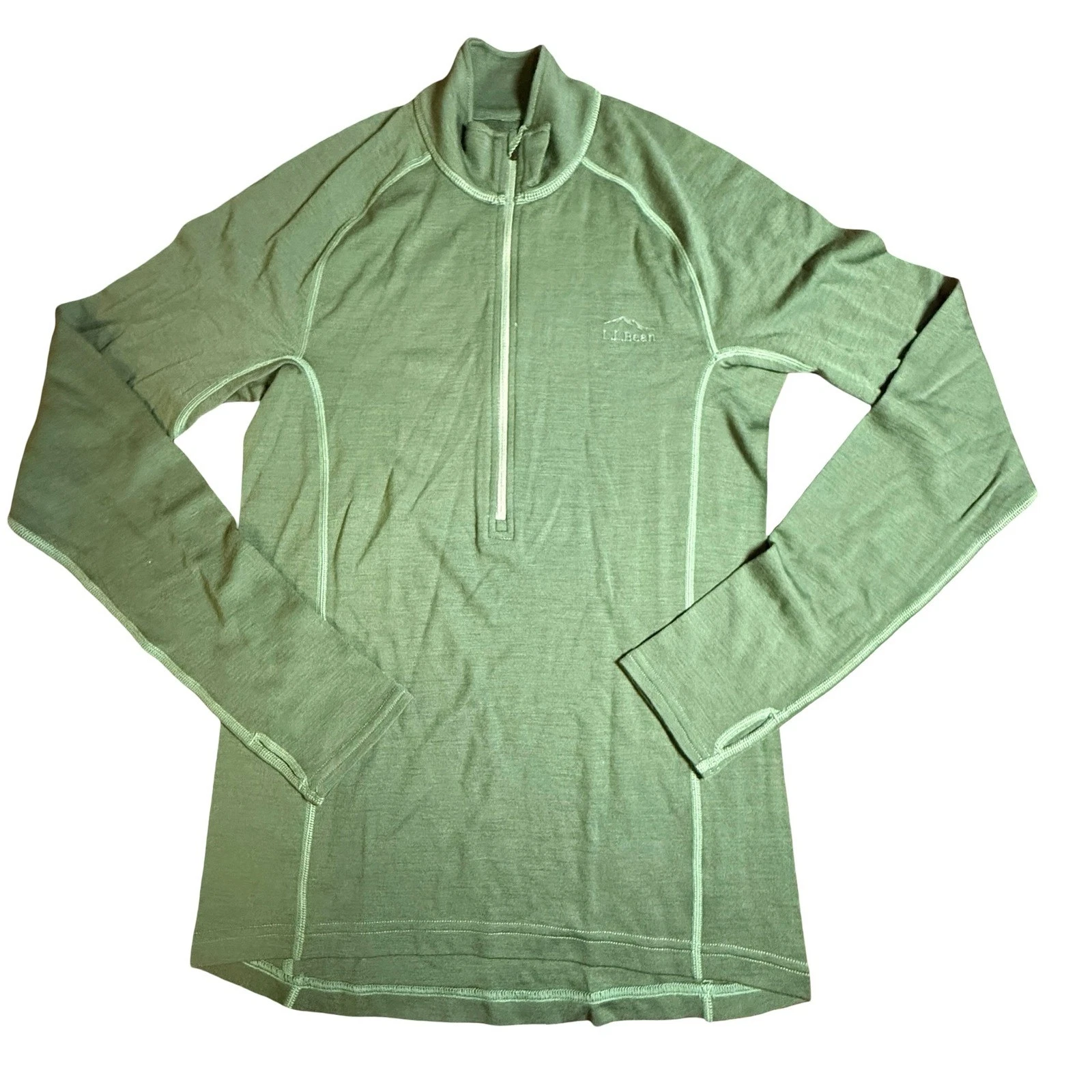 LL Bean Mens Midweight Cresta Merino Wool Quarter Zip Base Layer Green S 514294