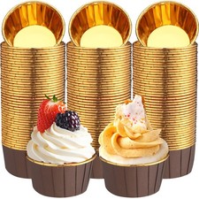 300 Pack Brown Gold Cupcake Liners Bulk Disposable Foil Muffin Cups 3.5 oz Wr...