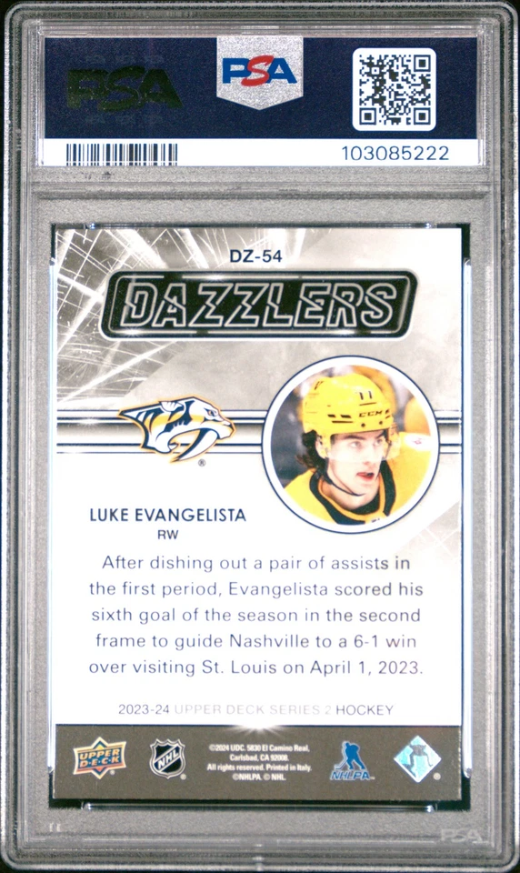 2023 UPPER DECK DAZZLERS LUKE EVANGELISTA PSA 9 #DZ54 NASHVILLE PREDATORS - Image 2 of 2