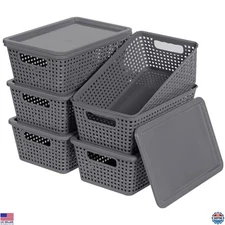 6 Pack Stackable Plastic Storage Baskets with Lid, Grey Organizing Bins for Home