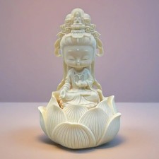 BUDDHA STATUE SMALL 5" BABY GUANYIN +Lotus Seat Ivory White Resin Fast Shipping