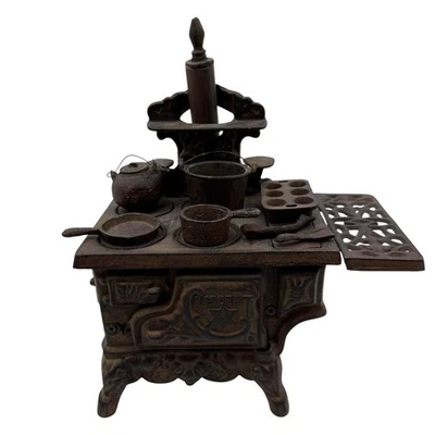 CRESCENT Vintage Mini Cast Iron Wood Stove Pots Pans Salesman Sample Toy - Image 1 of 4