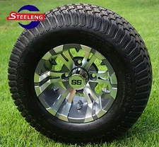 GOLF CART 10" GUNMETAL/MACHINED VAMPIRE WHEELS/RIMS and 20" STREET/TURF TIRES(4)