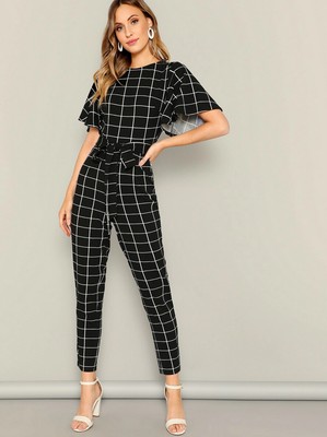 shein jumpsuit flutter sleeve belted grid highstreet zipper waist mid neck casual round spring jumpsuits check