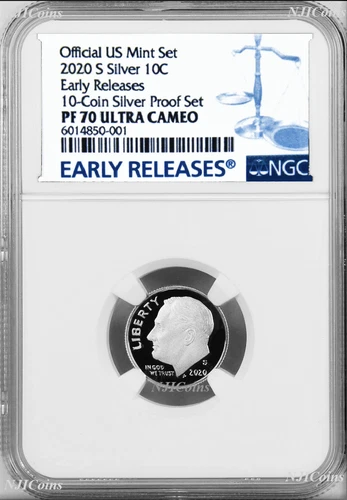 2020 S Proof 10C Silver Dime NGC PF70 UCAMEO in 10-coin-set BLUE label ER