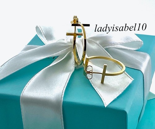 Tiffany & Co. 18k Yellow Gold Medium T Wire Hoop Earrings w/ Box - Authentic - Picture 8 of 11