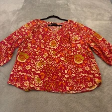 Rachel Zoe Popover V-Neck Top Womens 2X Pink Orange Floral Hippie Boho Artsy