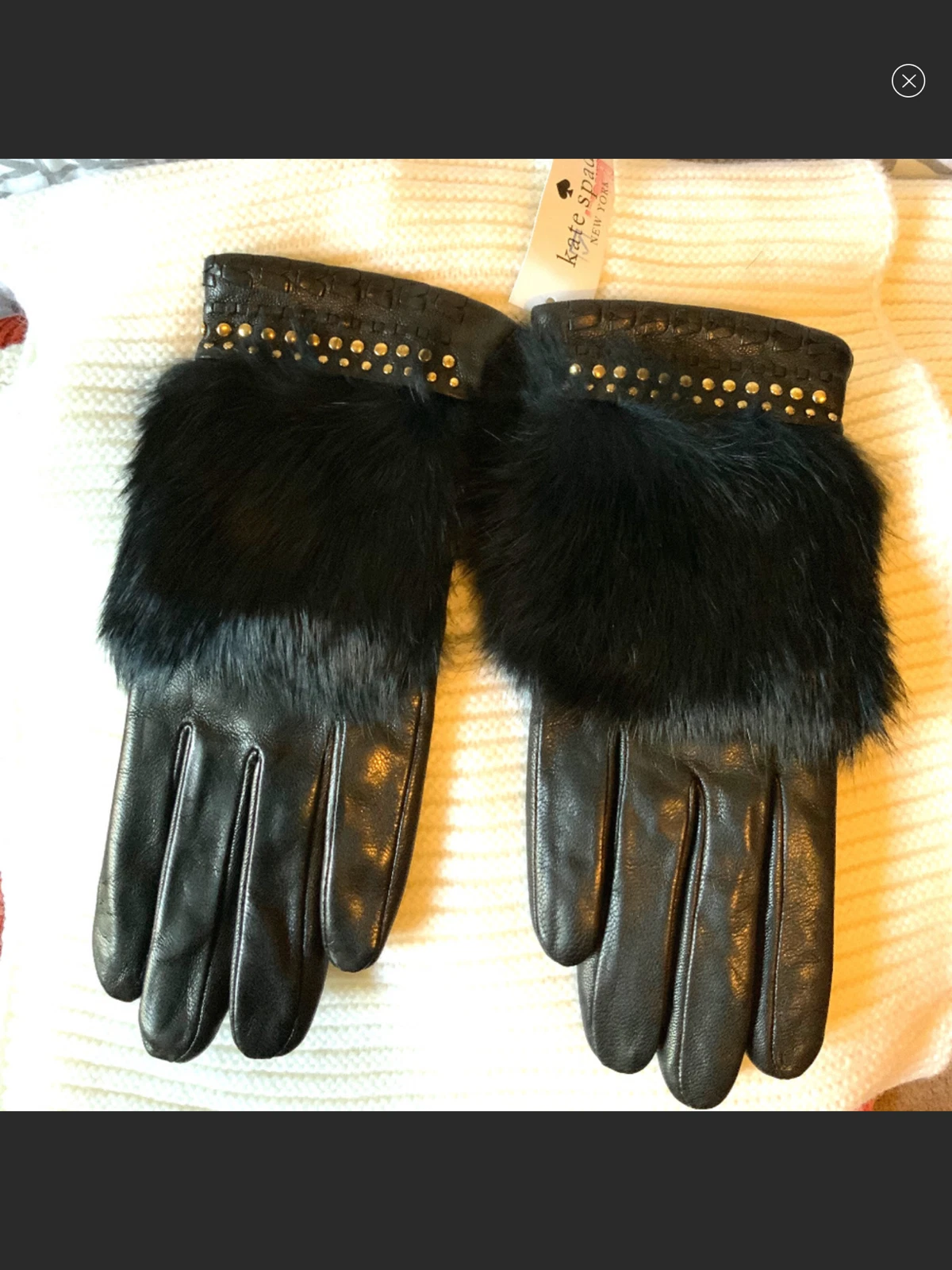 KATE Spade New York Black Leather Gloves With Fur And Gold Studs Size large NWOT