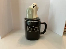 Rae Dunn Halloween BOOOO! Black Mug with White Ghost + RIP Headstone Topper NEW!