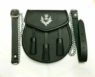 TARTANCITY 3 TASSELS&THISTLE SCOTTISH KILT SPORRAN REAL BLACK LEATHER + BELT 01-TC