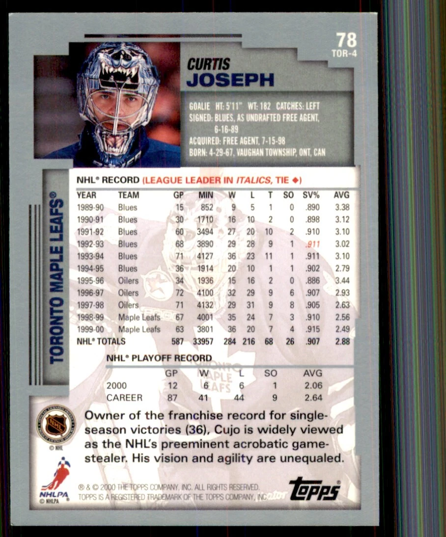 2000-01 Topps #78 Curtis Joseph Toronto Maple Leafs
