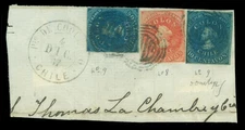 CHILE 1857 COLUMBUS  10c + 5c  Sc# 9d+10a(2) VF-XF on piece from "Pto COQUIMBO"