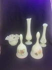 5 pc. Fenton Burmese lot. 2- Bells, 2 Swung Vases, and 1- Basket weave bowl.