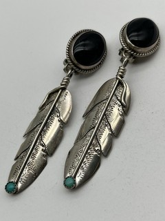 Sterling Silver Black Onyx/Turquoise Feather Dangle Clip on Earrings 12.6G