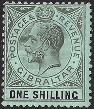 Gibraltar 1912-24 KGV 1s Black/Blue-Green Olive Back SG.81b Mint Hinged Cat:£29