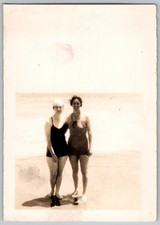 Vtg B W Snapshot Two Women In One Piece Swimsuits On Sunny Sandy Beaches 1930s
