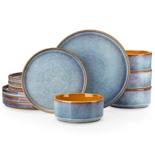 ONION Ceramic Plates and Bowls Sets, 12 Pieces Blue Dinnerware Sets for Kitch...