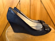 COACH Andi Signature C Womens Sz 10B Peep Toe Canvas Black Wedge Pumps Heels