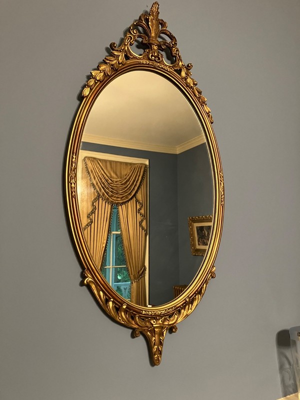 Antique Gold Gilded Carved Wood Ornate Oval  Mirror 44"x22"