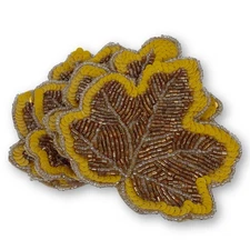 Vintage Handmade Set Of 4 Beaded Gold Satin Back Maple Leaf Drink Coasters
