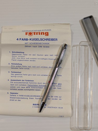 1970S ROTRING 4 Color Ballpoint Pen Slider Mechanism Multi Pen W Box Papers