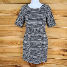 LOFT Pencil Dress Womens Size 0 Black Striped Polyester Blend Lined Short Sleeve