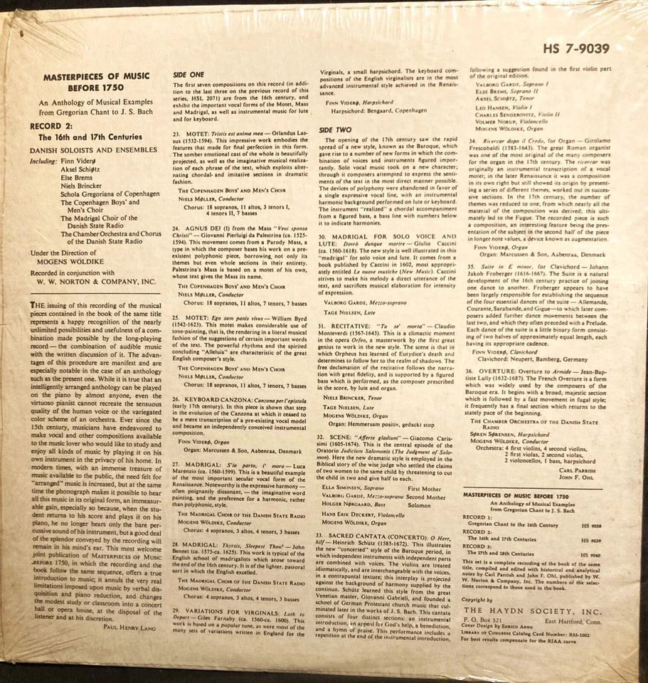 Masterpieces of Music Before 1750 to Bach MONO HS7-9039 VG+ Shrink LP PET RESCUE - Image 3 of 3