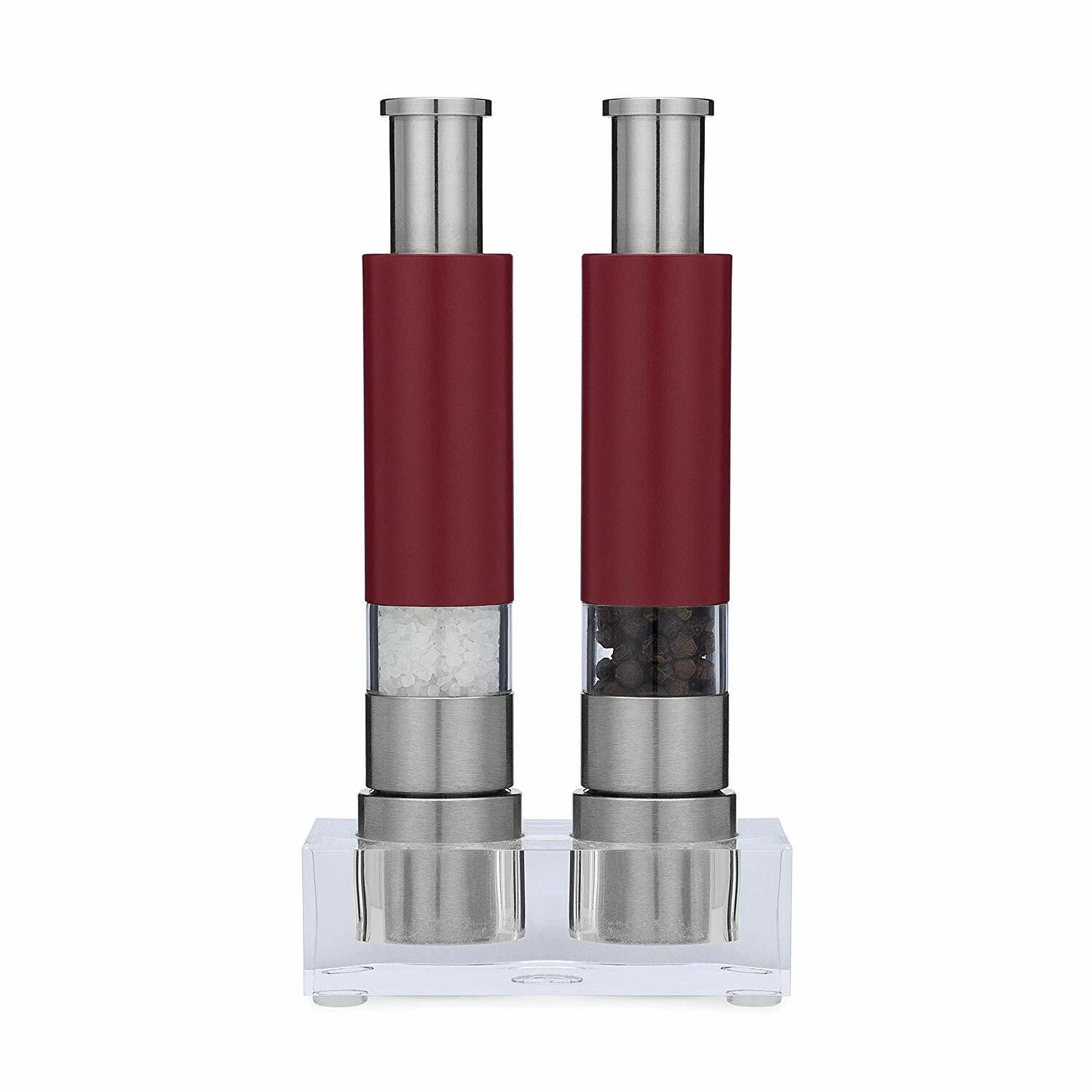 Grind Gourmet Salt and Pepper Grinder Set of 2 with Modern Thumb Push Button Red