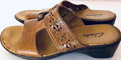 New Brown Clark’s Slip On Sandals Size 10m Clarks Collection Leather Slide Sandals -April Rae - QVC.com main image 3