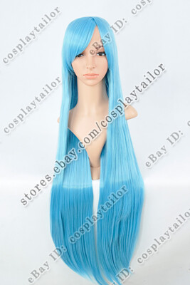 100 cm Sky Blue Long Straight Wigs with Bangs Women's Synthetic