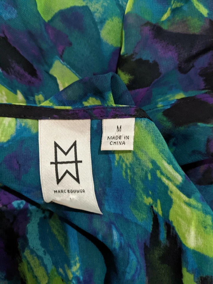 Marc Bouwer Green Sheer Blue Floral Geometric Blouse Top Sz Medium M - Image 3 of 4
