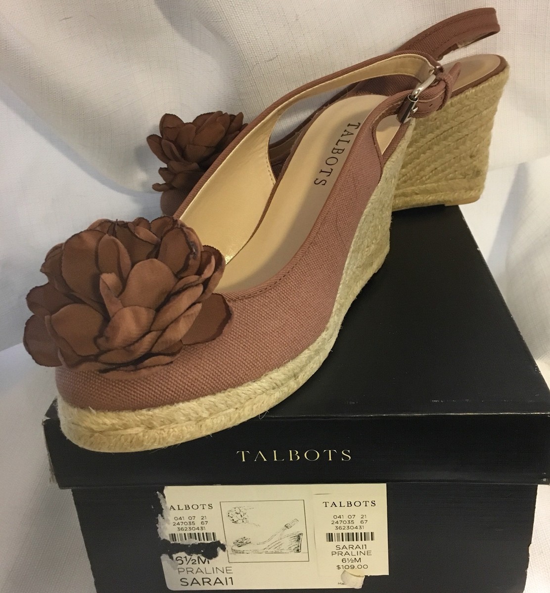 Shoes TALBOTS Espadrilles 3 1/2 Wedge Heel PRALINE BROWN Rosette