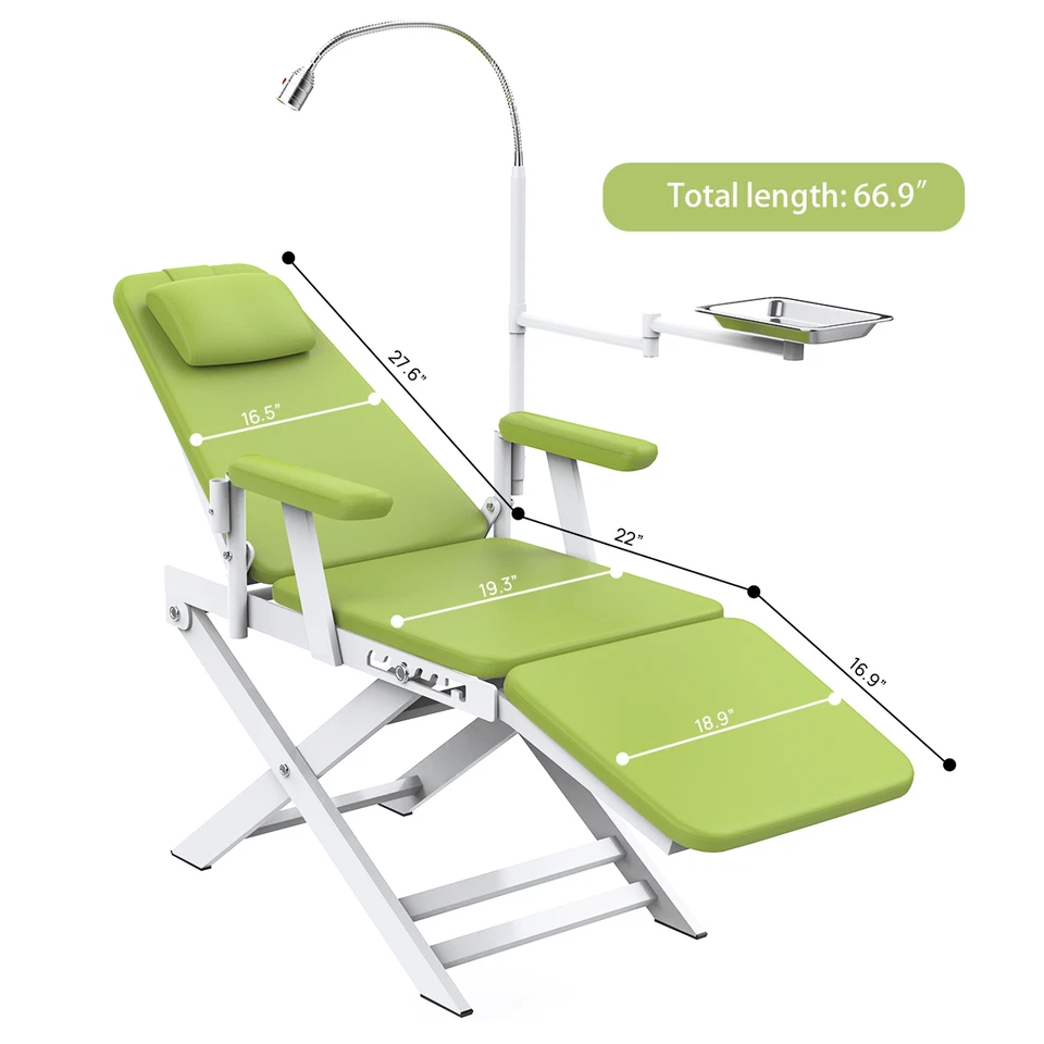Silla clínica dental Protable lámpara luz LED reposacabezas y bandeja cuero duro PU verde Foto 2 de 4