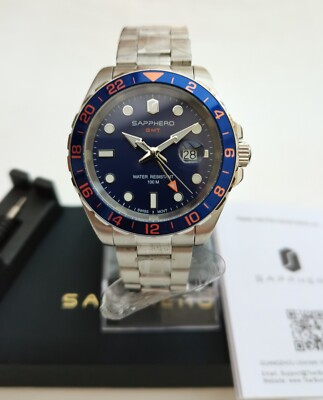 NEU IN OVP SAPPHERO SO2106 ALL STEEL GMT UHR SWISS RONDA 505.24H 41mm BLAU 100m LUME
