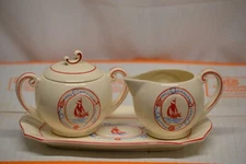 ANTIQUE CERAMIC CREAM & SUGAR SET ON SERVING TRAY SAIL BOATS RED, WHITE & BLUE