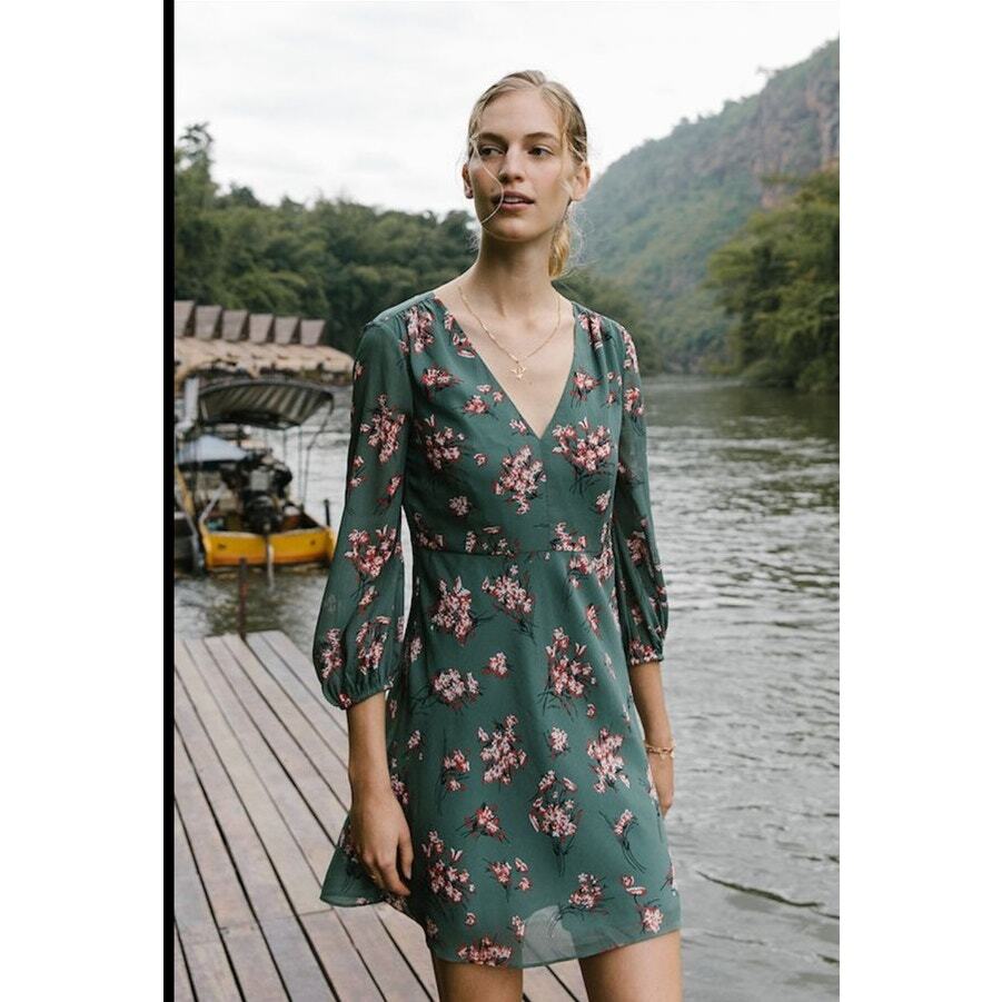 green madewell dress Madewell Marguerite Dress in Butterfly Garden Green 3/4 Sleeves Size M