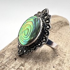 Vintage Signed Sterling Silver Abalone  Marcasite Halo Ring Size 9