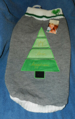 ELLEN DEGENERES Gray - Cream - Green KNIT DOG SWEATER  w/ tree, size XL NWT