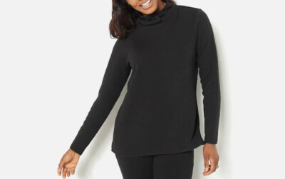 Denim & Co. Active Lush Lined Snap Mock Neck Curved Hem Top Black 5X A462314