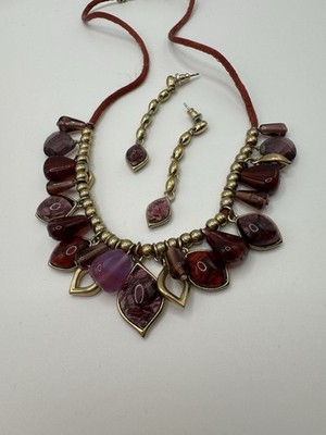 Liz Claiborne Cranberry & Gold-tone Necklace & Earrings Matching Set Vintage