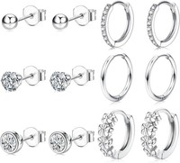 6 Paar 925 Silber Ohrringe Damen - Creolen, Zirkonia Stecker, Hypoallergen