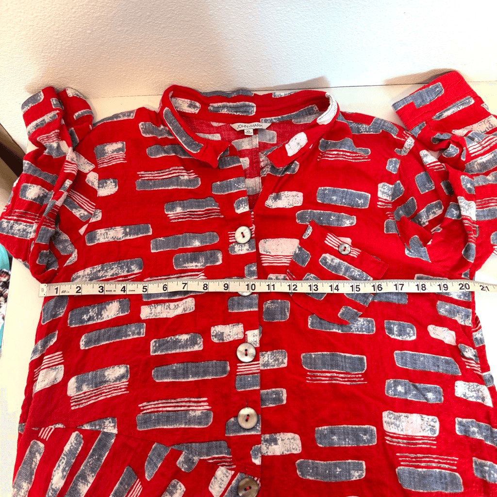 John Mark Red Patterned Button Down Blouse Size XL - image 9