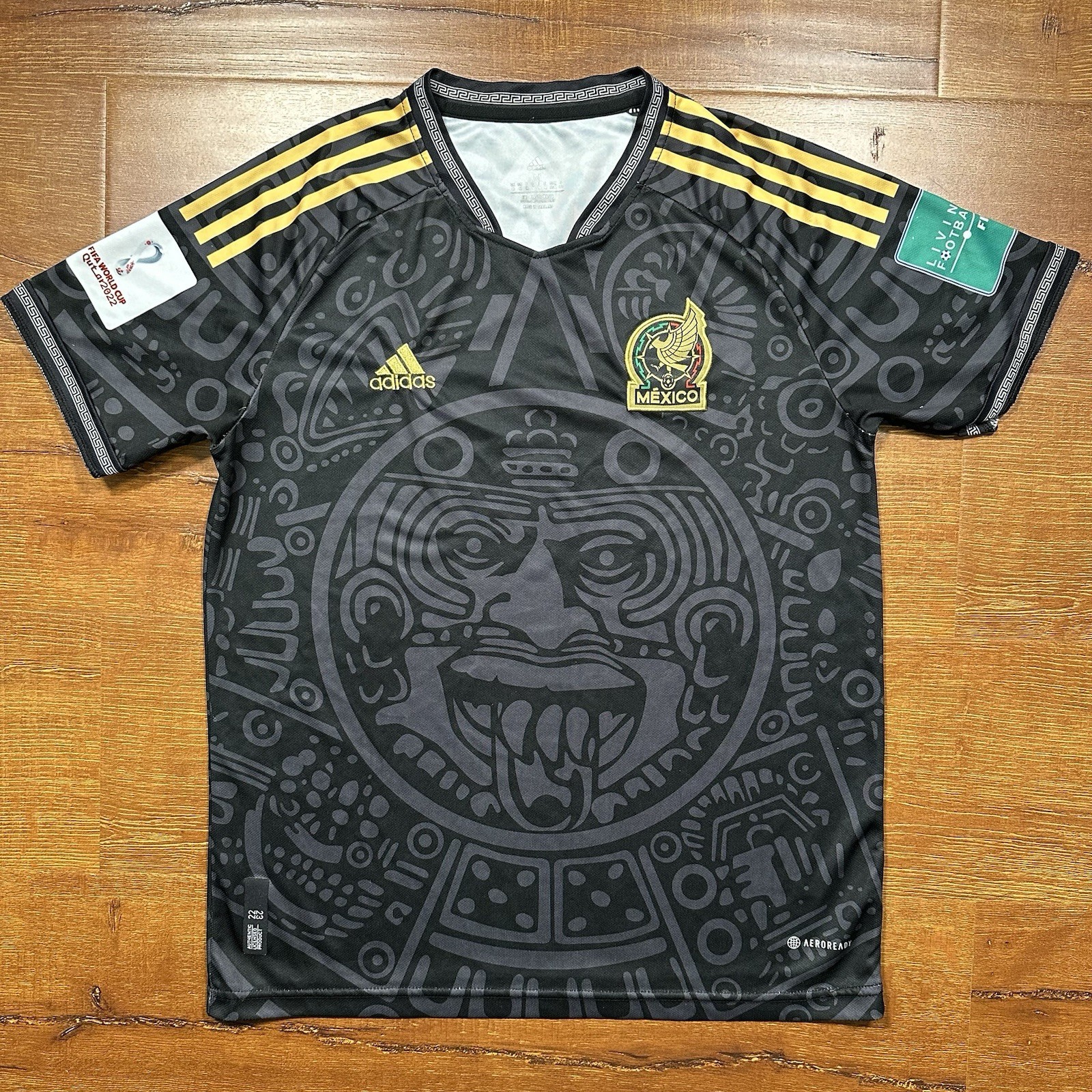 Adidas Mexico 2022 World Cup Soccer Jersey Mens M Black Aztec Sun Stone Rare