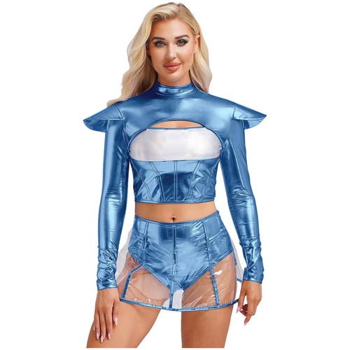 Women 2 Piece Festival Outfit Crop Top Space Alien Transparent Costume Shiny - Picture 25 of 44